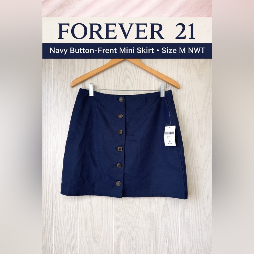 Forever 21 Button Front Mini Skirt Navy Size M NWT